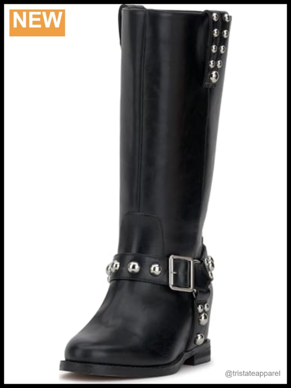 Faux Leather Studded Pull-On Moto Boots Calf High